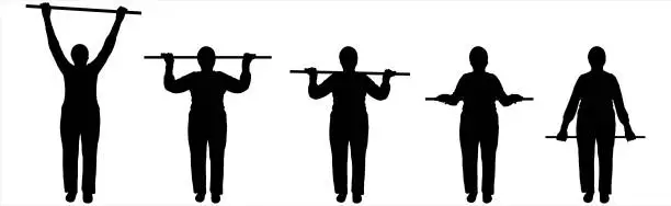 Vector illustration of Five poses of a person doing gymnastics for phased animation. Physical exercise for older seniors. Hands up with a gymnastic stick. Front view. Woman silhouette in black isolated on white background.