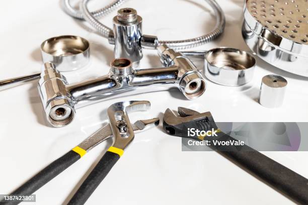 Shower Faucet Details And Adjustable Wrenches Stock Photo - Download Image Now - Water Pipe, Faucet, Installing