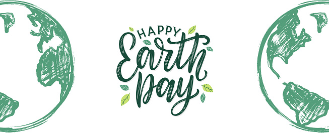 Earth day lettering decorated by leaves and drawing of planet Earth. Eco and environment activism vector concept