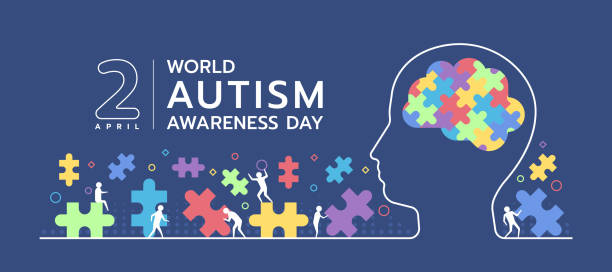 illustrazioni stock, clip art, cartoni animati e icone di tendenza di wllrd autism awareness day - testa umana astratta linea bianca con cervello puzzle colorflu e piccole attività umane sul puzzle intorno al design vettoriale - design month part of puzzle