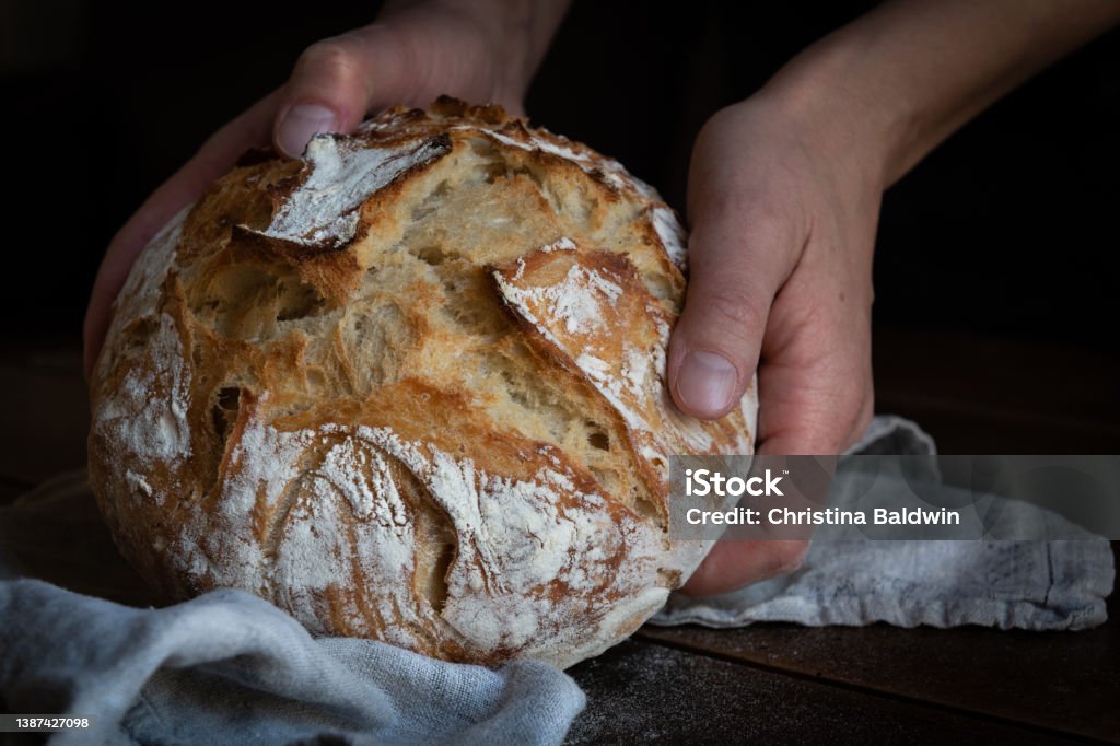 Sharing Sourdough Loaf Hands presenting loaf of fresh sourdough Sourdough Bread Stock Photo