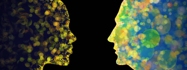 istock Two opposing silhouettes of a woman's face and a man's face as 3d rendered illustration 1387427432