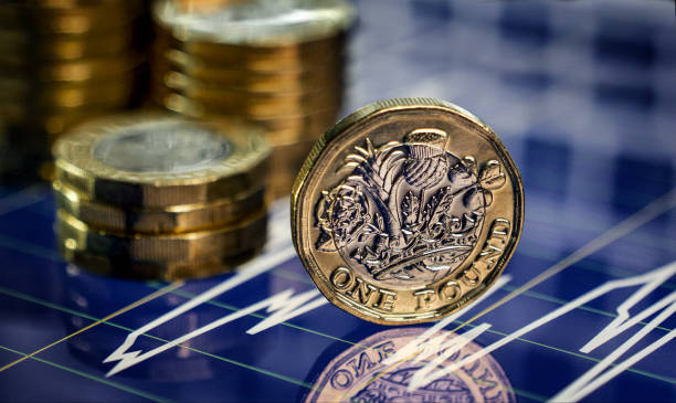 monedas británicas de una libra en un fondo de gráfico financiero - british coin fotografías e imágenes de stock