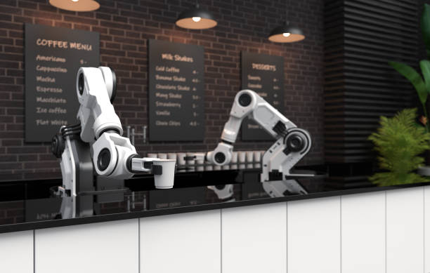 istock Robot arm serving hot coffee in a coffee shop. 1387430169