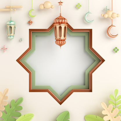 Fondo de decoración islámica con linterna, luna creciente, ventana, hojas estilo dibujos animados, ramadán kareem, mawlid, iftar, isra miraj, eid al fitr adha, muharram, espacio de copia, ilustración 3D. photo