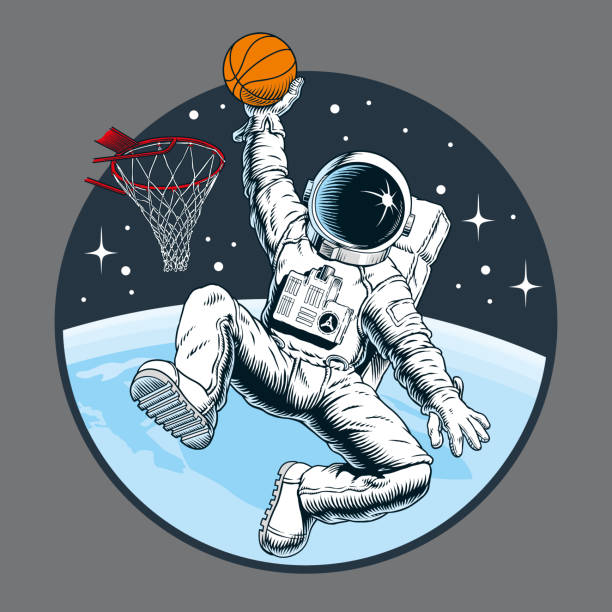 우주 공간에서 농구를 하는 우주 비행사. 슬램 덩크. 벡터 그림입니다. - basketball basketball player slam dunk making a basket stock illustrations