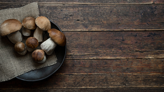 Fresh forest mushrooms, Boletus edulis (king bolete),  penny bun, cep, porcini in an old bowl, plate on the wooden dark brown table, top view background