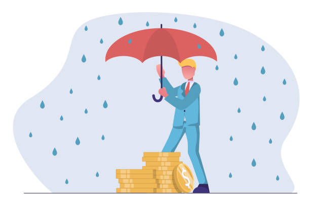 illustrations, cliparts, dessins animés et icônes de protection financière. un homme d’affaires avec un parapluie protège sa capitale de la pluie - security umbrella rain currency