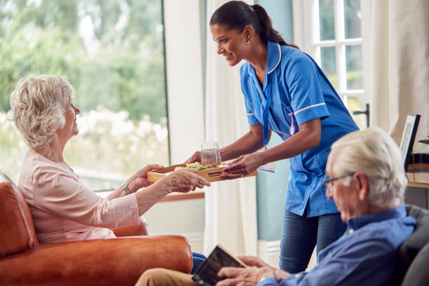 female care worker in uniform bringing meal on tray to senior woman sitting in lounge at home - community outreach home caregiver care cheerful imagens e fotografias de stock