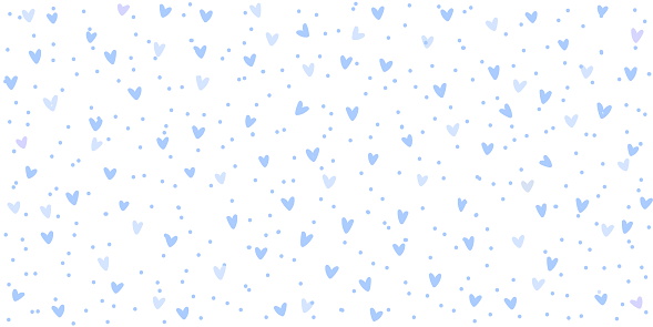 Blue white background with hearts and dots pattern, vector drawing horizontal