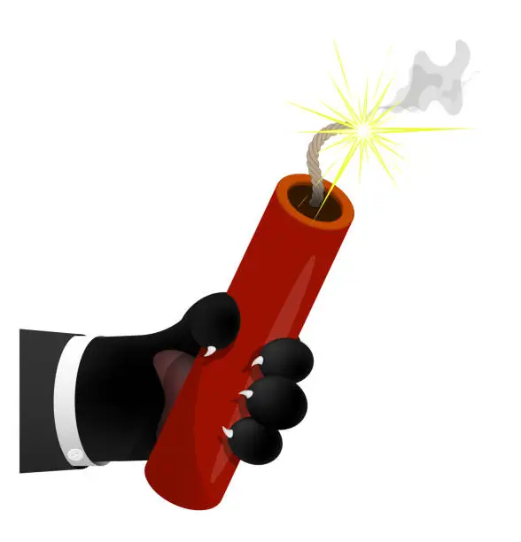 Vector illustration of cat paw holds stick of dynamite with burning wick. Meanness and deceit, dishonest business conduct. Cartoon vector illustration