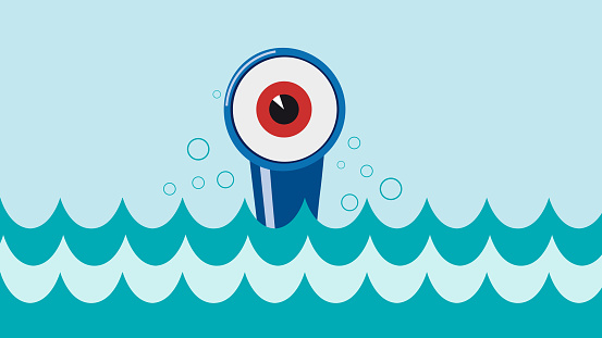 Emergence of a submarine, periscope in the shape of an eye. Discovering new opportunities. Vector illustration.