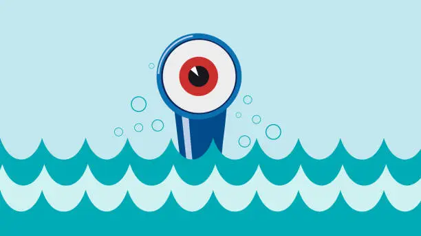 Vector illustration of Emergence of a submarine, periscope in the shape of an eye. Discovering new opportunities. Vector illustration.