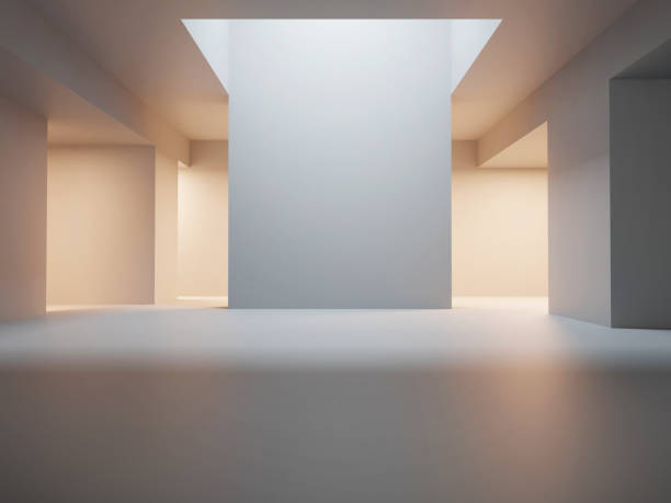 istock 3d render of empty concrete room with illuminate light and shadow on the wall. Contemporary architecture design. 1387439454