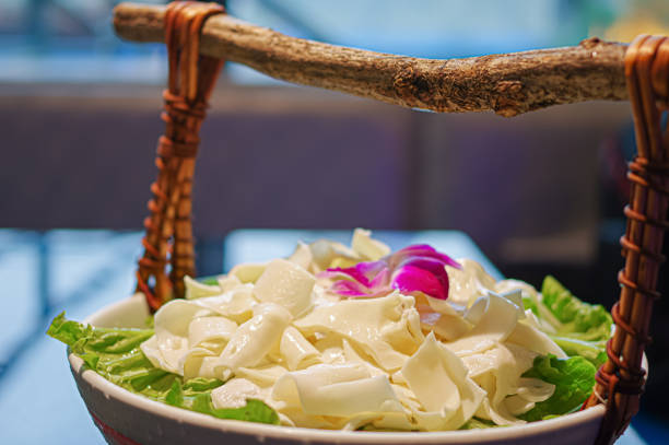 Fresh chopped raw pork beef aorta hot pot ingredients.\nBeef or pig aorta, 黄喉 in Chinese, is traditional ingredient for SIchuan and Chongqing hot pot.