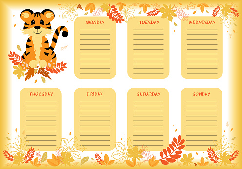 School weekly and daily planner with cute little tiger in colorful autumn design.