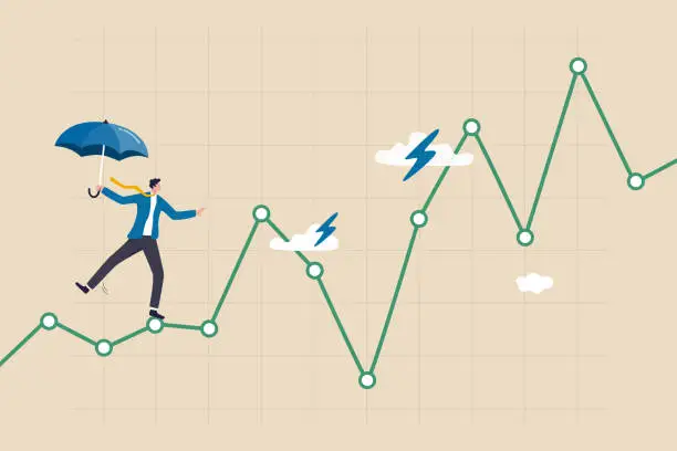 Vector illustration of Risk and uncertainty, investment volatility or stock market and crypto currency fluctuation up and down, all weather strategy concept, businessman acrobat planning to walk on risky investment graph.