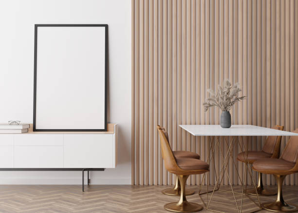 istock Empty vertical picture frame on white wall in modern dining room. Mock up interior in minimalist, contemporary style. Free space, copy space for your picture. Dining table, chairs, vase. 3D rendering. 1387442153