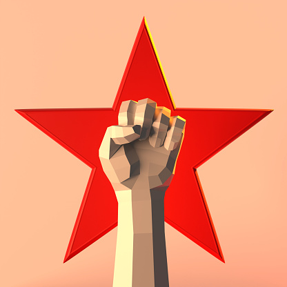 Left hand fist up symbolizes of May 1st International Labor Day for workers in all around the world illustrative 3D poster design. Easy to crop for all print, social media and other design sizes.