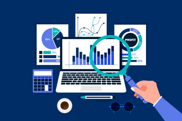 illustrazioni stock, clip art, cartoni animati e icone di tendenza di analisi dei dati aziendali concetto di crescita finanziaria. ricerche di mercato, analisi dei dati, report grafico statistico - strumento di calcolo