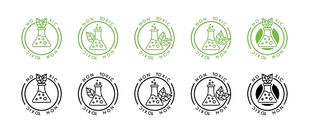 Non Toxic icon set. Set of eco badges. Non-toxic symbol. Chemical flask icon. Eco, laboratory, research and science symbol. Environmental chemistry line icon. Green care.
