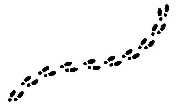 Foot trail set vector. Step footprints paths. Human footprints icon set. Foot print vector illustration set with shoes bare feet and boot print. Image of footprint silhouette. Foot trail set vector. Step footprints paths. Human footprints icon set. Foot print vector illustration set with shoes bare feet and boot print. Image of footprint silhouette. shoe print stock illustrations