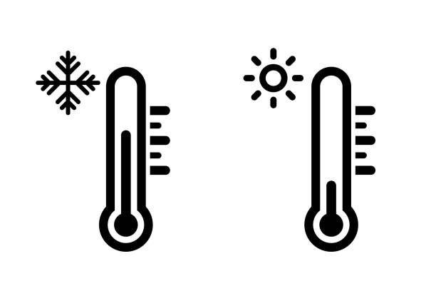 ilustraciones, imágenes clip art, dibujos animados e iconos de stock de conjunto de iconos de vectores de temperatura. equipo termómetro que muestra clima cálido o frío. termómetros meteorológicos celsius y fahrenheit que miden el calor y el frío. vector. - barometer meteorology gauge forecasting