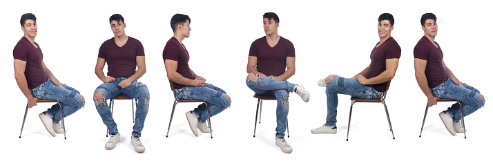 group of a same young man sitting on a chair isolated on white background