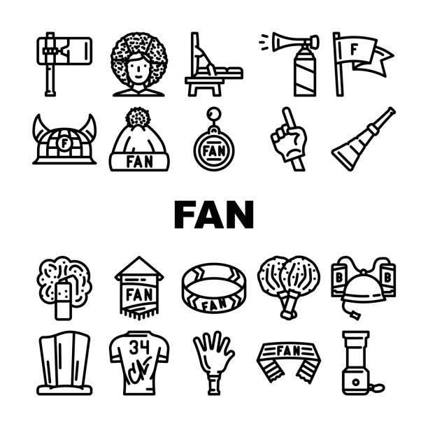 Sport Fan Supporter Accessories Icons Set Vector Sport Fan Supporter Accessories Icons Set Vector. Sport Fan Scarf And Bracelet, Helmet With Beer Bottles T-shirt With Autograph Signature, Pompom For Cheerleaders Clapper Black Contour Illustrations vuvuzela stock illustrations