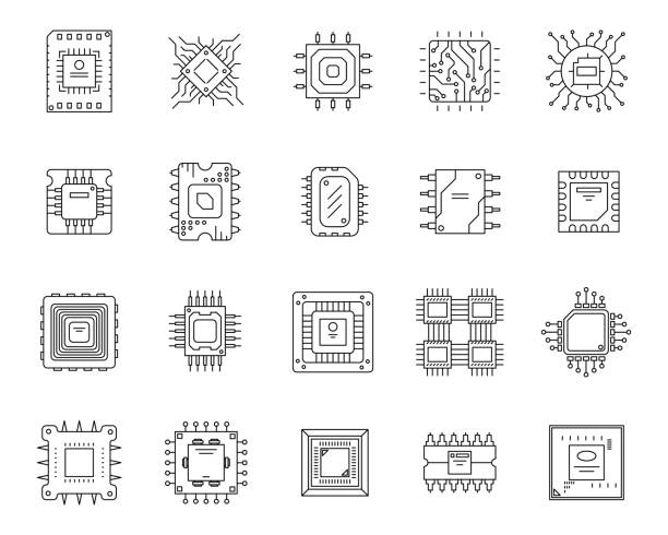 Set of microchip icons. Set of microchip icons. Black thin line microprocessor chip. Linear cpu processor disign. semiconductor stock illustrations