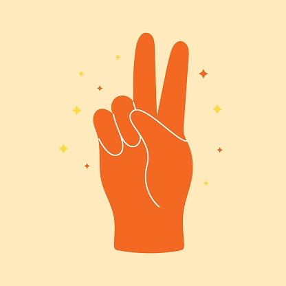 Vector groovy peace gesture clipart. 70s, 80s, 90s vibes sticker. Retro hand sign illustration. Vintage nostalgia element for design and print