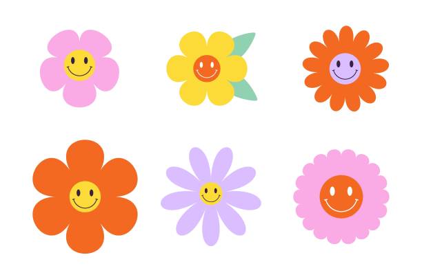 ilustraciones, imágenes clip art, dibujos animados e iconos de stock de conjunto vectorial de coloridas flores groovy con caras sonrientes - flora