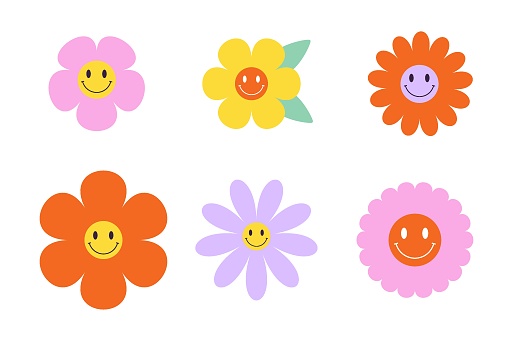 Vector set of colorful groovy flowers with smiling faces. 70s, 80s, 90s vibes stickers. Abstract daisy and camomile emoji illustration. Vintage nostalgia elements for design and print