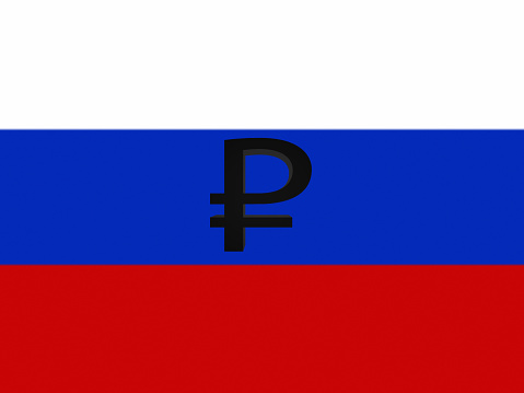 Russian flag and ruble symbol. The concept of finance and payment in rubles.