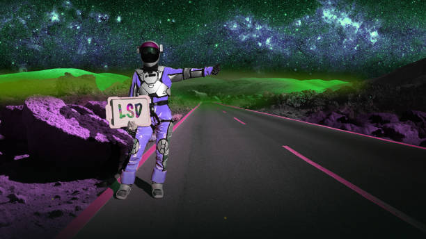 Psychedelic astronaut hitchhiking in space holding 'LSD' sign. Going home Person in a space suit hitchhiking by the road on the moon. Neon colors and milky way visible in the background lsd trip stock pictures, royalty-free photos & images