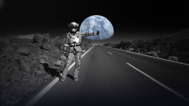 istock Astronaut hitchhiking in space. Going home 1387453774
