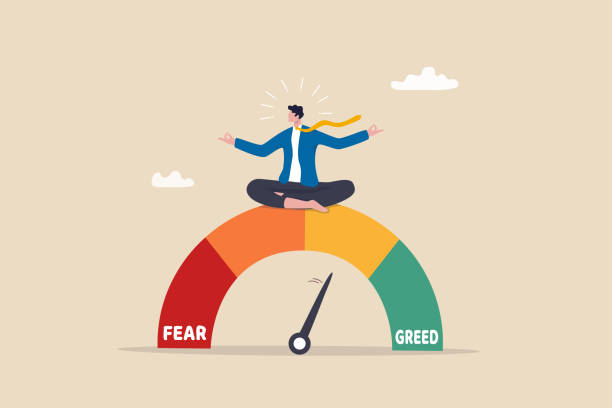 stockillustraties, clipart, cartoons en iconen met market sentiment, fear and greed index, emotional on stock market or crypto currency trading indicator, investment risk psychology concept, businessman investor meditating on market sentiment gauge. - angst