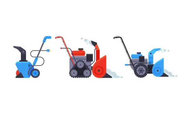 Vector illustration of Snowblowers set. Snow removal equipment vector illustration