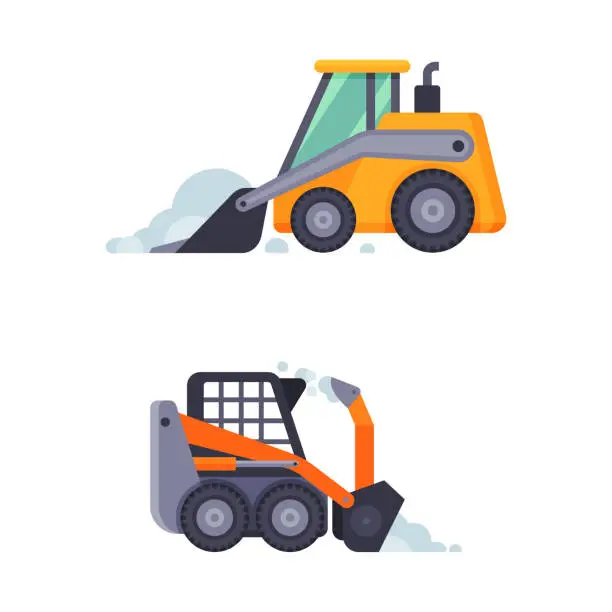 Vector illustration of Snowplow tractors set. Road cleaning vehicles, professional industrial transport vector illustratio