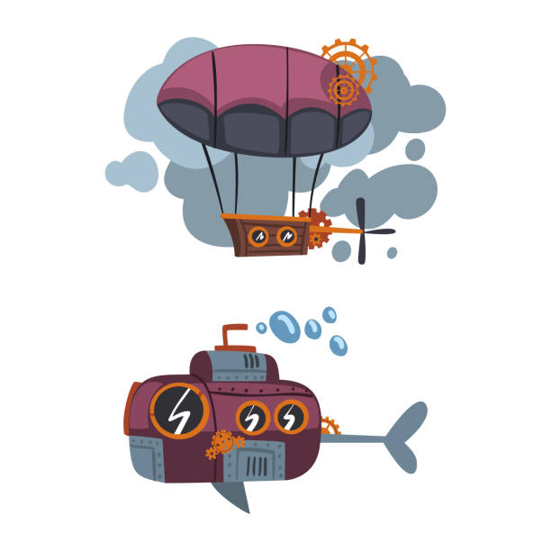istock Steampunk style submarine and airship cartoon vector illustration 1387455636