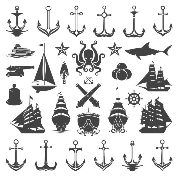 Nautical vector design elements. Nautical vector design elements. Anchors and ships silhouettes isolated on white background. Vector objects for labels, badges, logos design. Marine, ocean cruise icons, helm and octopus symbols. anchor vessel part stock illustrations