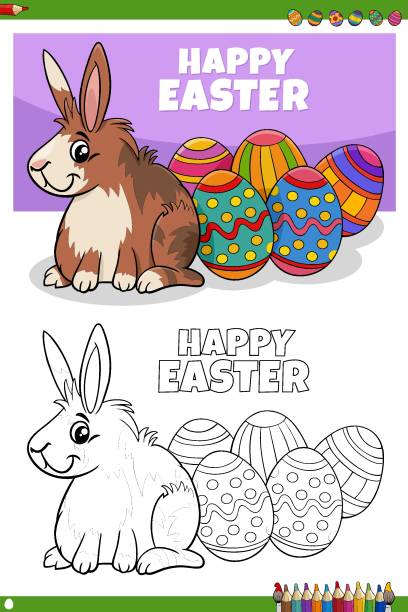 달걀 색칠 공부 책 페이지 부활절 토끼 문자 - easter egg paint black and white drawing stock illustrations