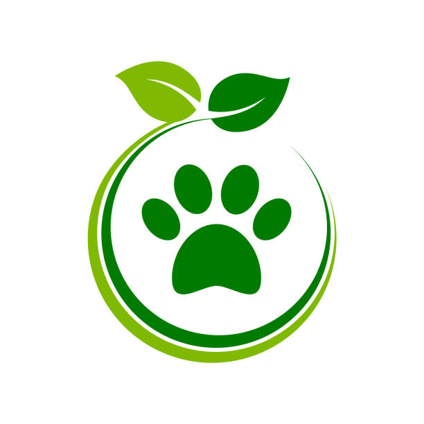 ilustraciones, imágenes clip art, dibujos animados e iconos de stock de icono de tienda de mascotas orgánicas. pata con hojas verdes dentro del círculo. - protección de fauna salvaje