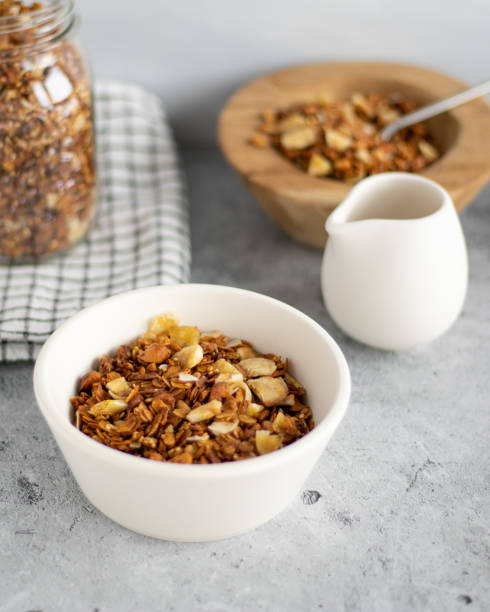 istock Granola in a white bowl on grey background 1387463920