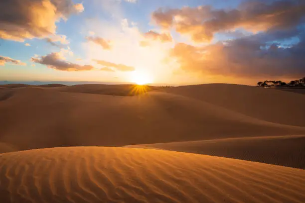 Sunset in the desert, sun and sun rays, Beautiful clouds on blue sky. Golden sand dunes in desert in Maspalomas, Gran Canaria, Canary islands, Spain