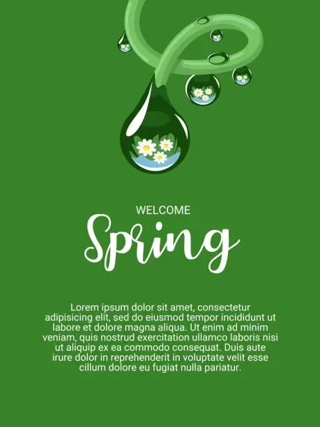 Vector illustration of Vector illustration of morning dew, with flower shadow, isolated on green background, perfect for book cover, flyer, invitation or spring theme promotion background.