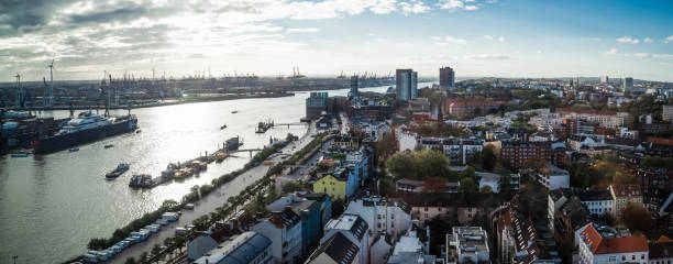 istock Panoramic Skyline of Hamburg Harbour - top view 1387466648