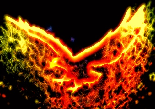 Illustration of a phoenix flapping in the night sky