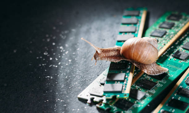 istock Snail on the slats of RAM. Old obsolete memory. Slow RAM. Computer components. Dark background. 1387469456