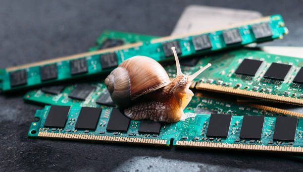 istock Snail on the slats of RAM. Old obsolete memory. Slow RAM. Computer components. Dark background. 1387469461